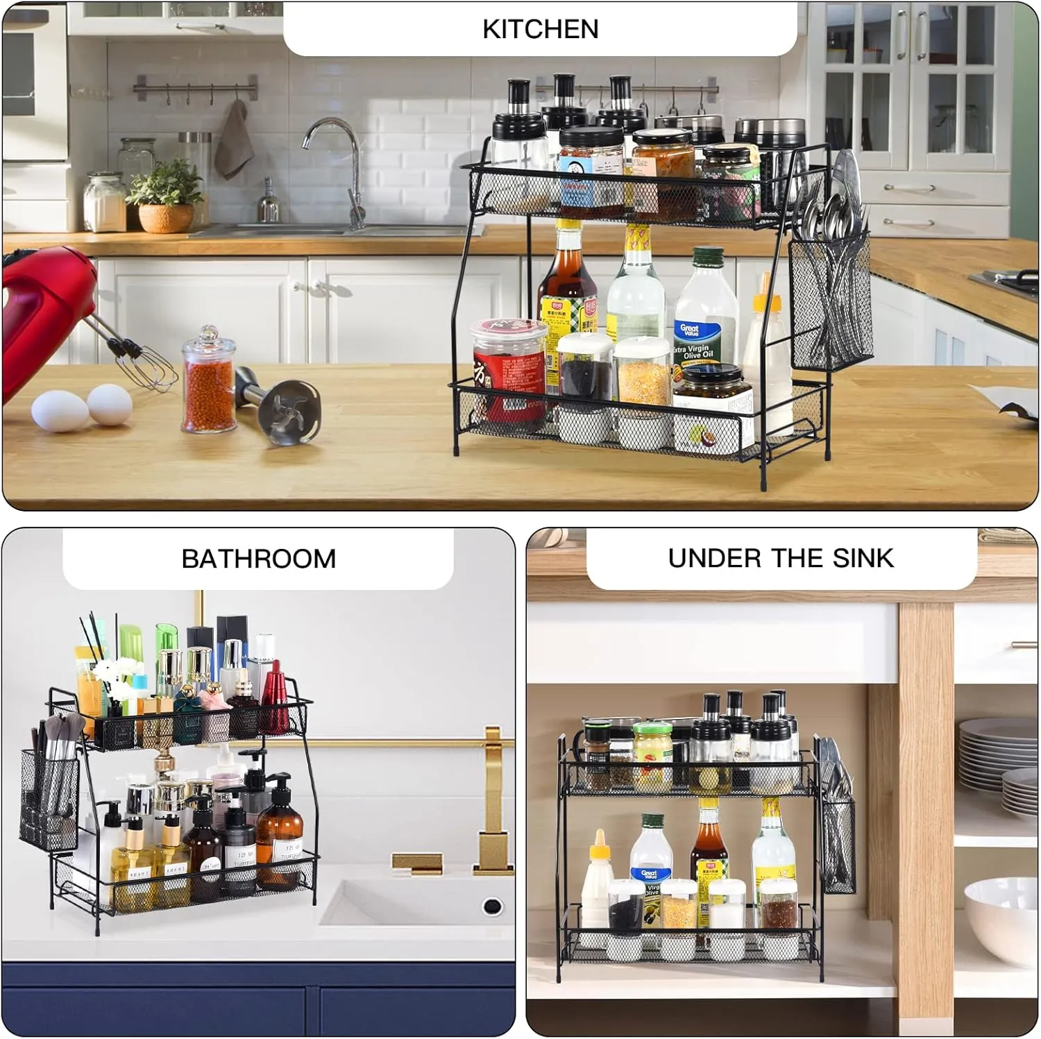 LEMIKKLE Large Countertop Organizer for Bathroom Counter, Bathroom Organizers and Storage, Under Sink Organizer Spice Rack Organizer for Kitchen with Basket(Black)