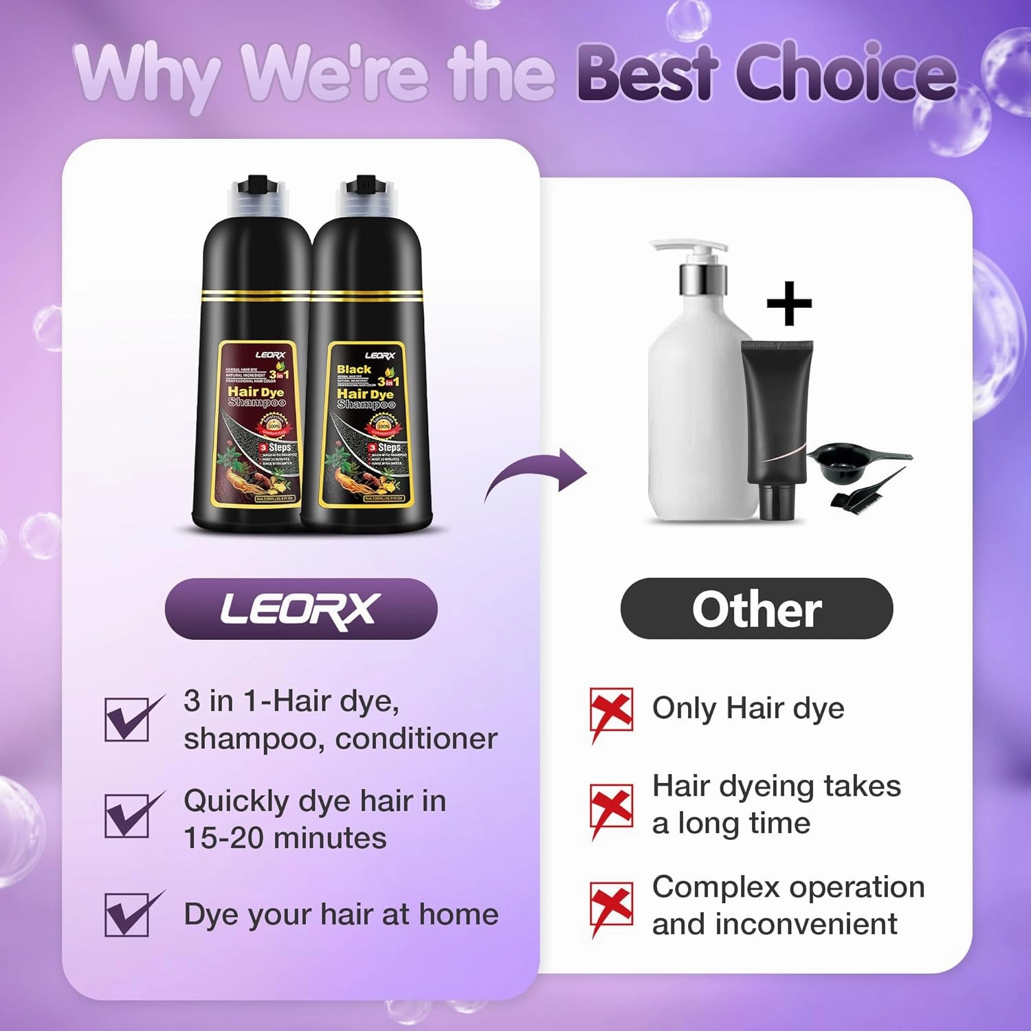 Leorx 3 In 1 Hair Dye and Color Shampoo, Chestnut Brown, 16.9 Fl Oz - Instant Herbal Refresh For Women & Men - Tintes Para El Cabello Profesional