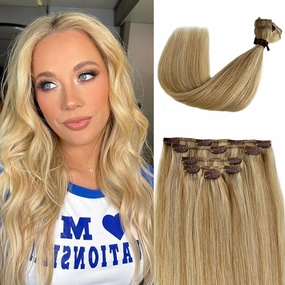 Licoville Blonde Highlight Remy Clip in Hair Extensions 22 Inch Balayage Dark Blonde Hair Extensions Real Human Hair Clip ins for Full Head 70g 5pcs