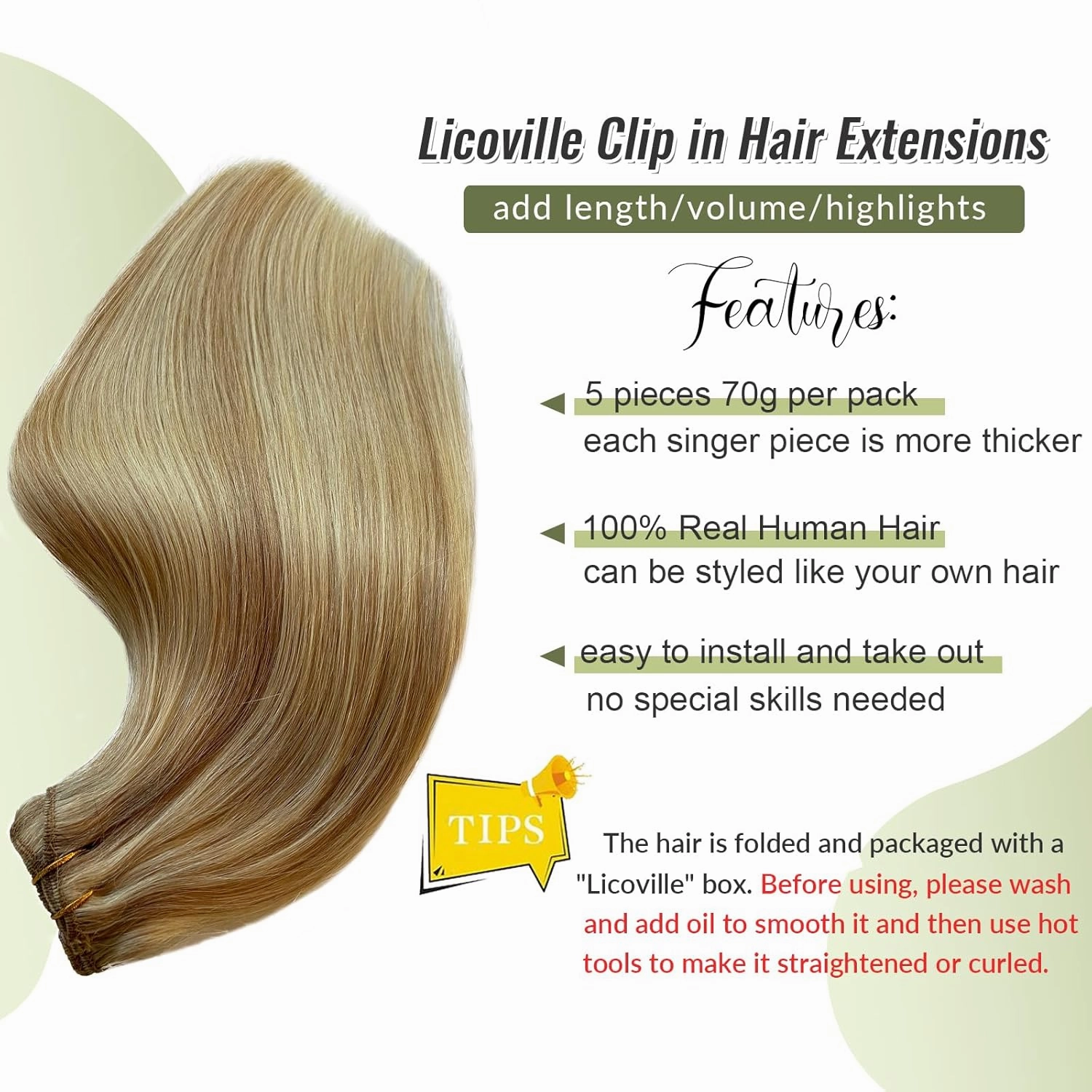 Licoville Blonde Highlight Remy Clip in Hair Extensions 22 Inch Balayage Dark Blonde Hair Extensions Real Human Hair Clip ins for Full Head 70g 5pcs