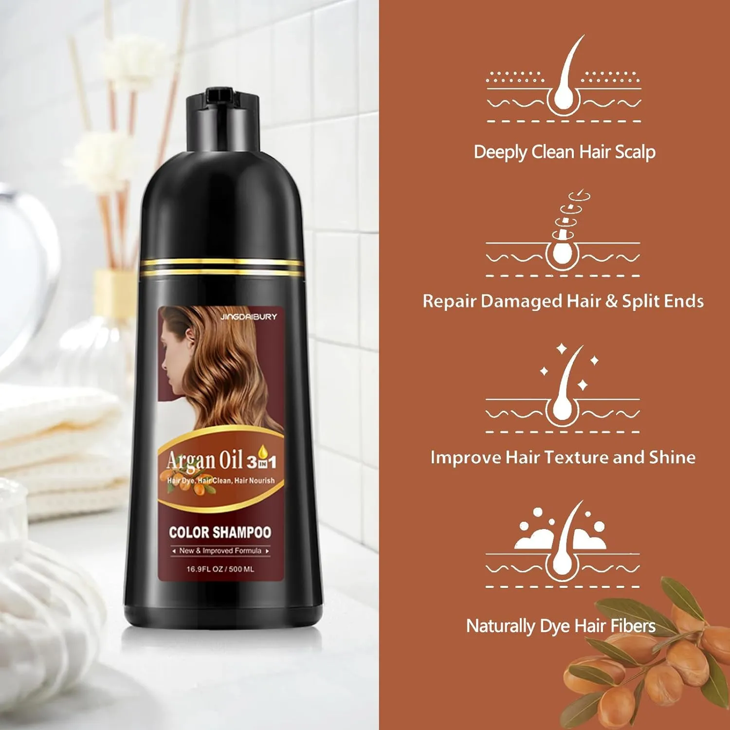 Light Brown Hair Dye Shampoo with Argan Oil, 3-in-1 Long-Lasting Formula for Men & Women, Easy to Use, 16.9 Fl Oz