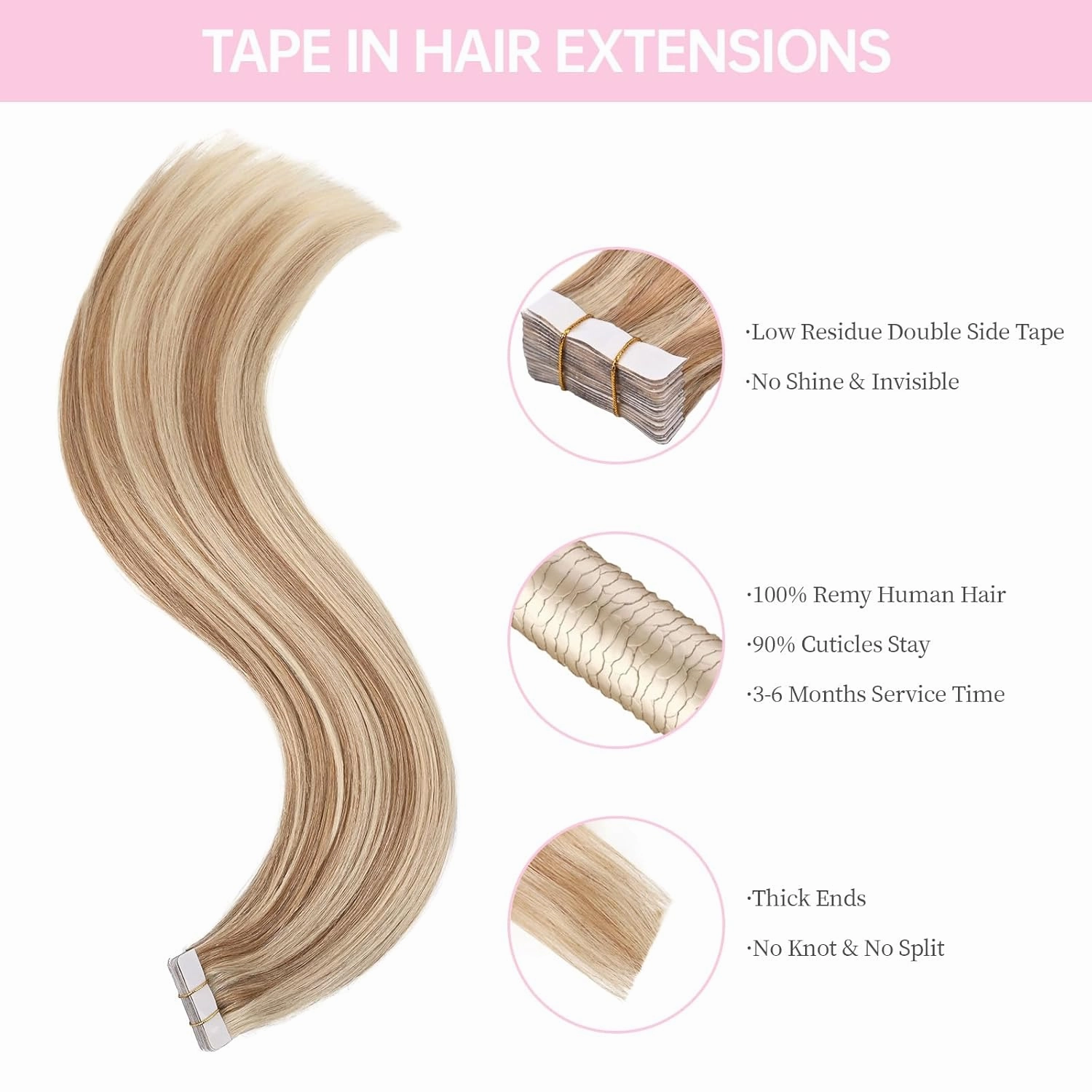 Light Blonde Tape in Hair Extensions Human Hair, 20inch 20Pcs #16/22 Highlighted Golden Blonde Balayage Human Hair Extensions,Straight Silky 50g Remy Tape ins
