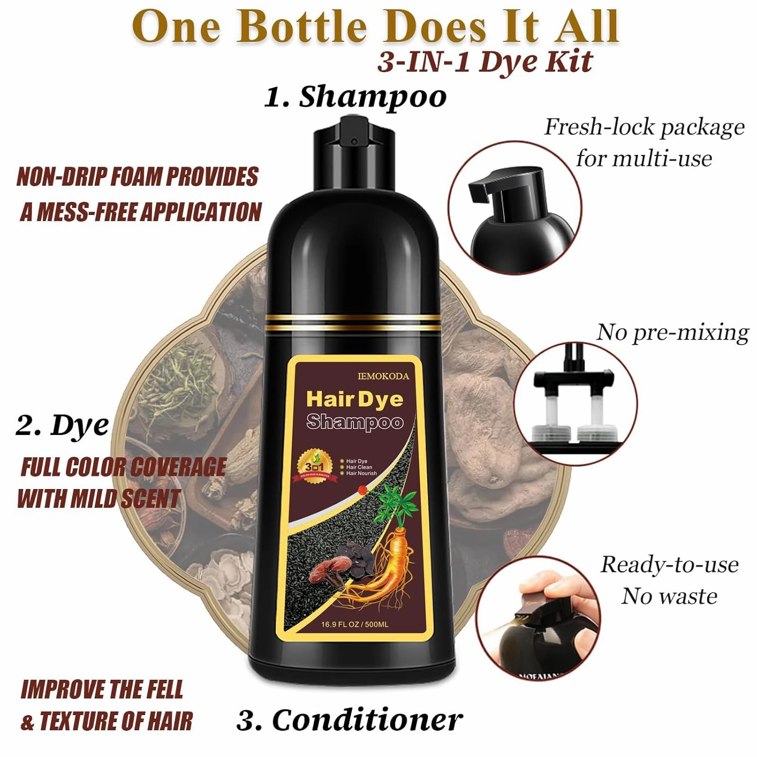 Light Brown Hair Dye Shampoo, 3-in-1 Hair Color Shampoo for Gray Hair Coverage for Women & Men, Natural Brown Shampoo Hair Dye Colors Hair in Minutes, Shampoo Tinte Para El Cabello, Champu Para Canas