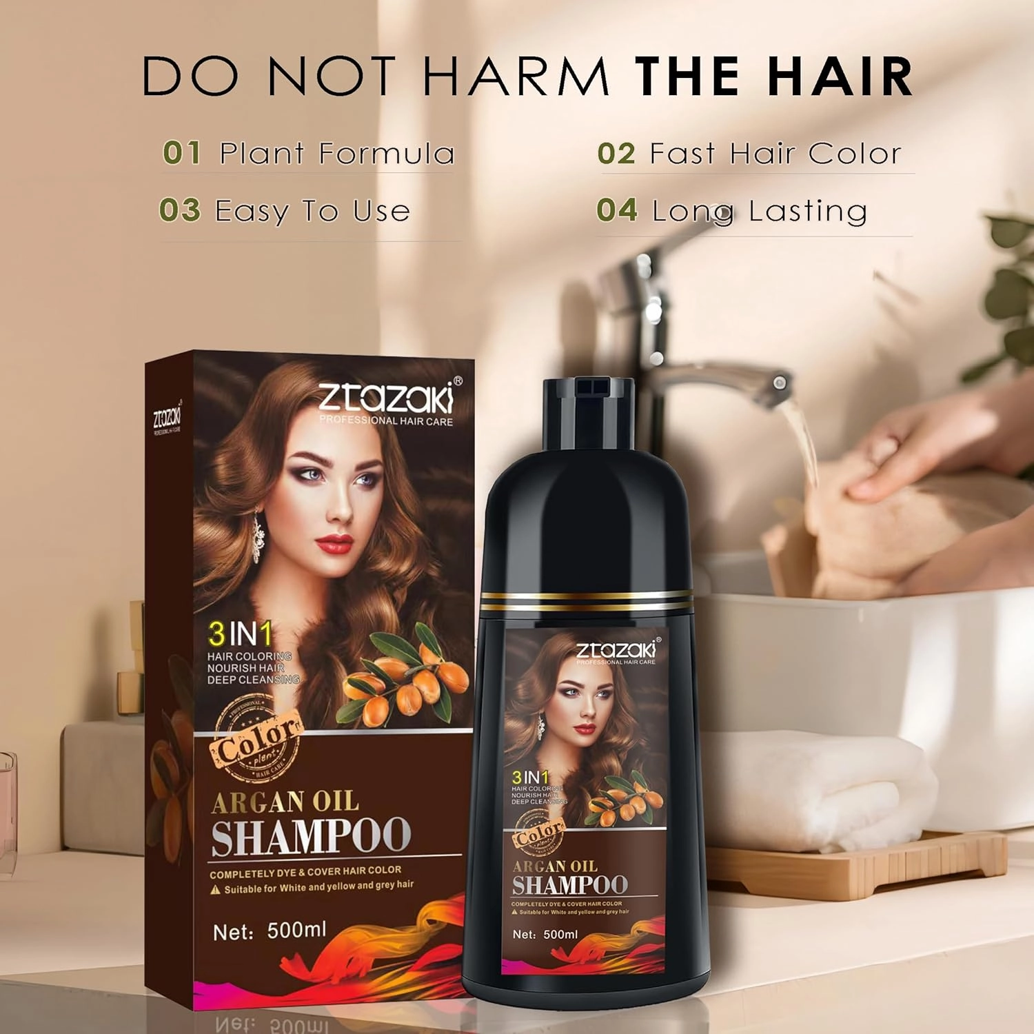 Light Brown Hair Dye Shampoo 3 in 1, Magic Dye Colors in Minutes-Long Lasting & Easy to Use Argan Oil Herbal Hair Color Shampoo champu con tinte para canas 500ml