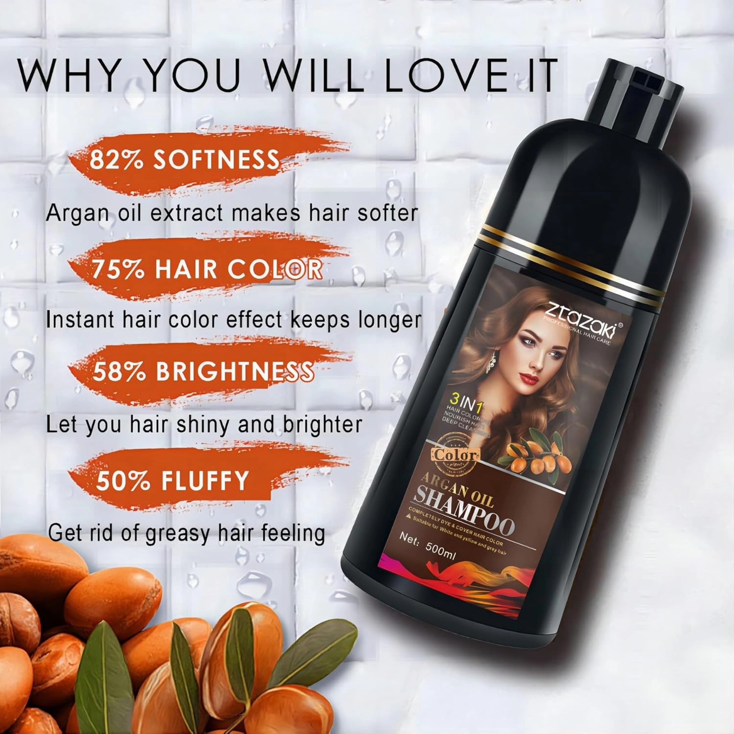 Light Brown Hair Dye Shampoo 3 in 1, Magic Dye Colors in Minutes-Long Lasting & Easy to Use Argan Oil Herbal Hair Color Shampoo champu con tinte para canas 500ml