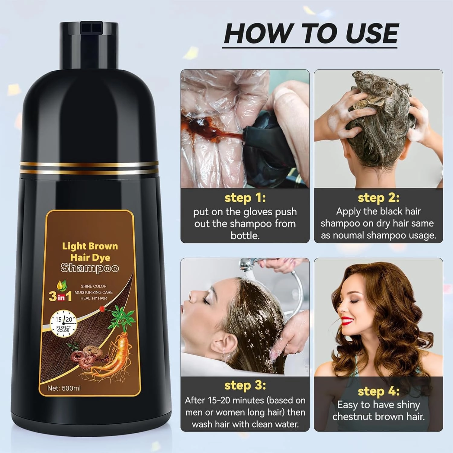 Light Brown Hair Dye Shampoo, Instant Hair Color Shampoo, 3-in-1 Hair Dye for Men and Women Herbal Formula with Ammonia-free Ingredients - Lasts up to 30 Days - 16.90 oz