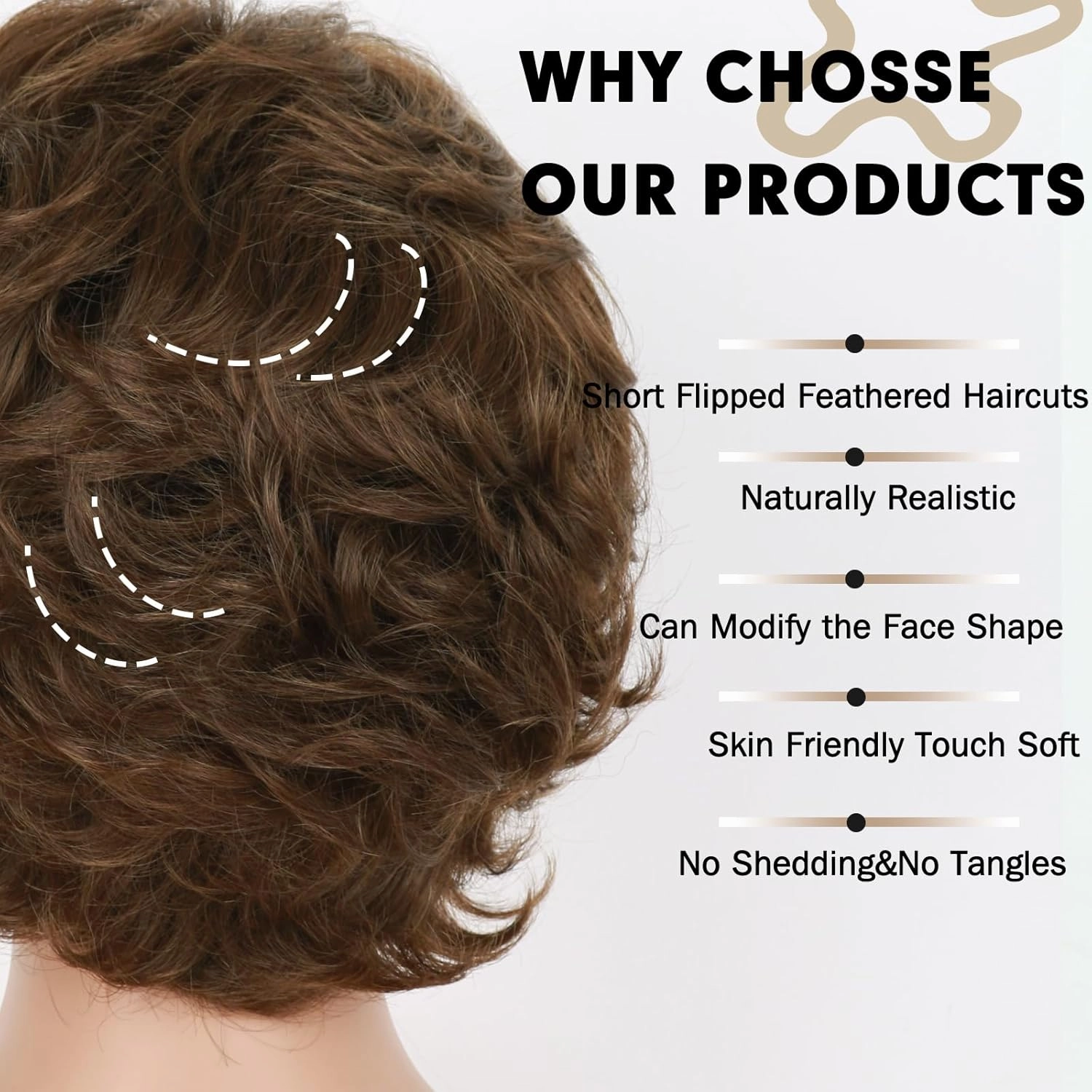 Light Golden Brown Short Wigs for White Women, Brown Wig with Bangs Short Curly Pixie Cut Wigs Charming Synthetic Glueless Layered Wavy Wigs For Old Lady (Light Golden Brown)