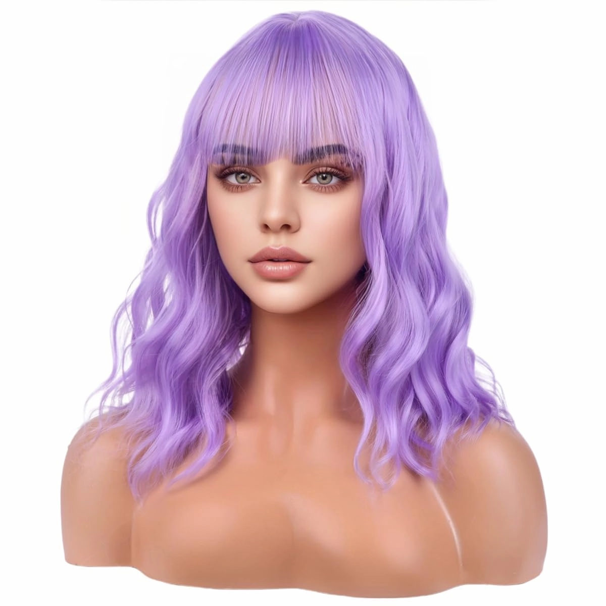 Light Purple Wig - Short Bob, Curly Wavy With Bangs, Heat Resistant Synthetic Hair Wig for Daily Use & Cosplay