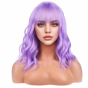 Light Purple Wig - Short Bob, Curly Wavy With Bangs, Heat Resistant Synthetic Hair Wig for Daily Use & Cosplay