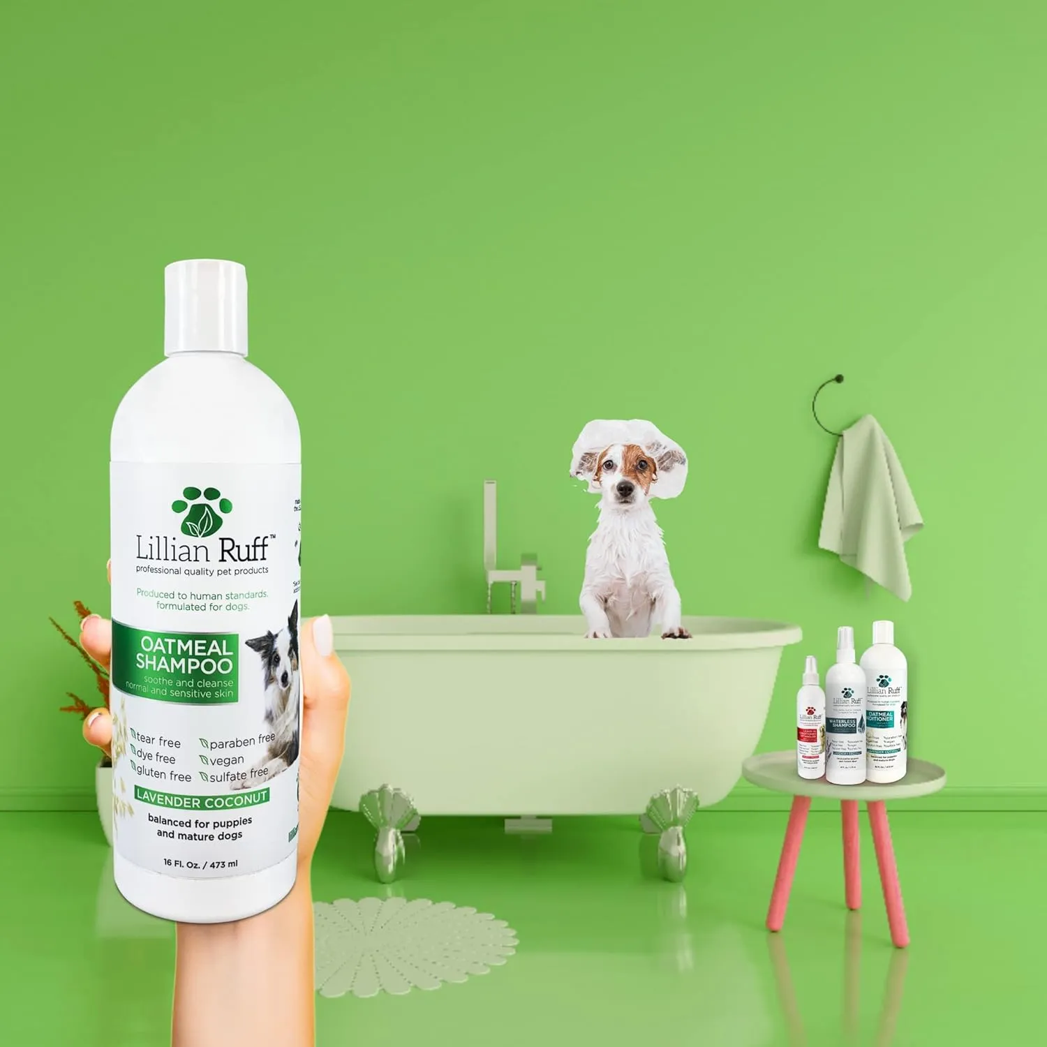 Lillian Ruff Calming Oatmeal Pet Shampoo for Dry Skin & Itch Relief with Aloe & Hydrating Essential Oils - Replenish Moisture & Deodorize - Gentle Dog Shampoo for Normal/Sensitive Skin (16oz & Brush)