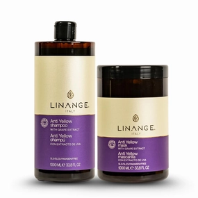Linange No Yellow Shampoo and Mask Kit | Neutralizes Brassiness in Blonde, Bleached, and Grey Hair | Enriched with Grape Extract and Violet Pigment for Hydration and Shine (2×33.8 fl oz)