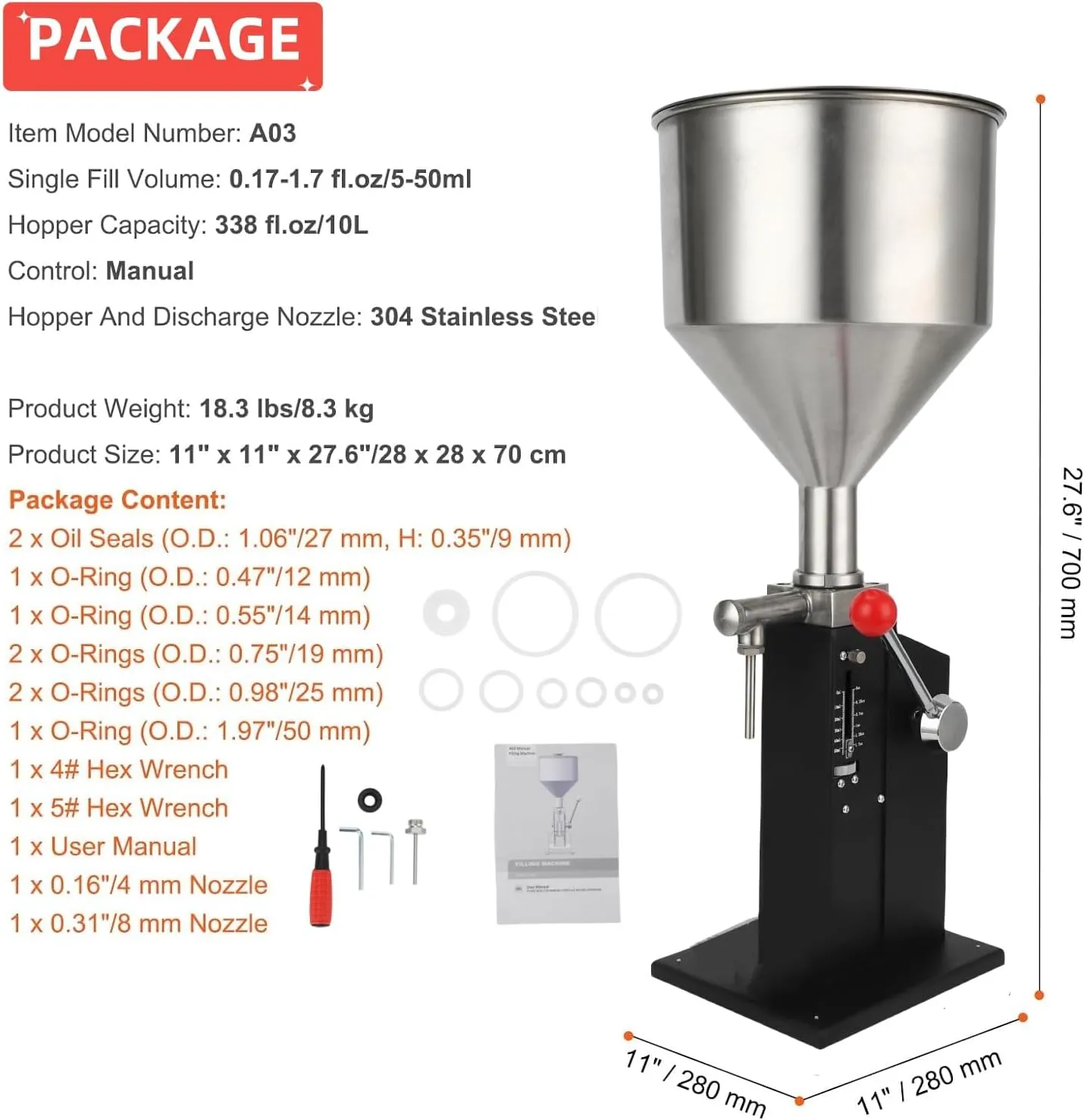 Liquid Filling Machine,Bottle Filling Machine, A03 Pro 5-50ml Manual Filling Machine For Cream/Cosmetic/Perfume/Medicine/Shampoo- No Shelf
