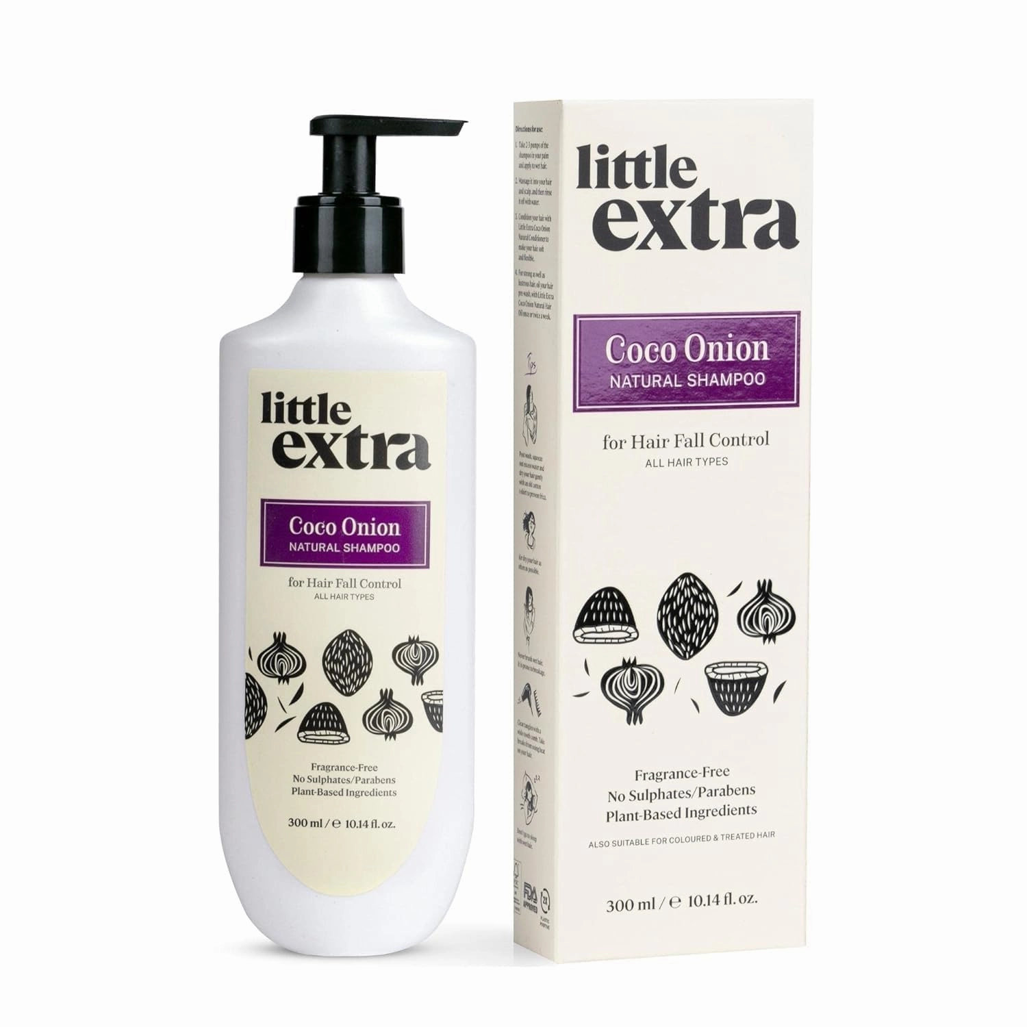 Littlyy Extra's Coco Onion Natural Shampoo for Hair Fall Control & Growth, No Parabens, SLS, Silicone & Sulfate Free, 100% Vegan with Coconut Milk, Onion Oil for Women & Men, 300 ml