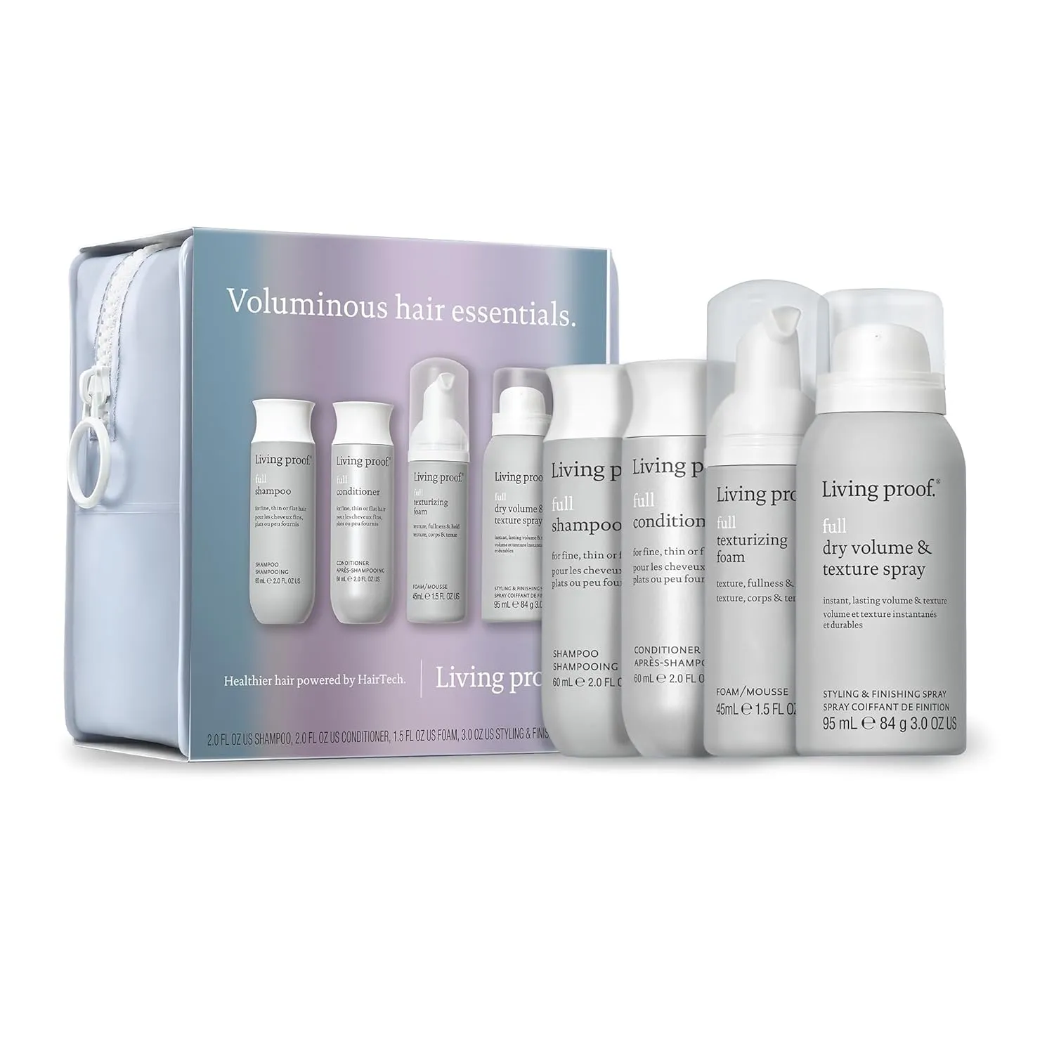 Living Proof Voluminous Hair Essentials Kit - Travel Size Full Shampoo, Conditioner, Texture Foam and Dry Volume & Texture Spray ($76 value)