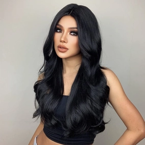 Long Black Wigs for Women Girls Long Black Wig Middle Part Curly Wavy Wig Heat Resistant Synthetic Wigs for Cosplay Costume Party