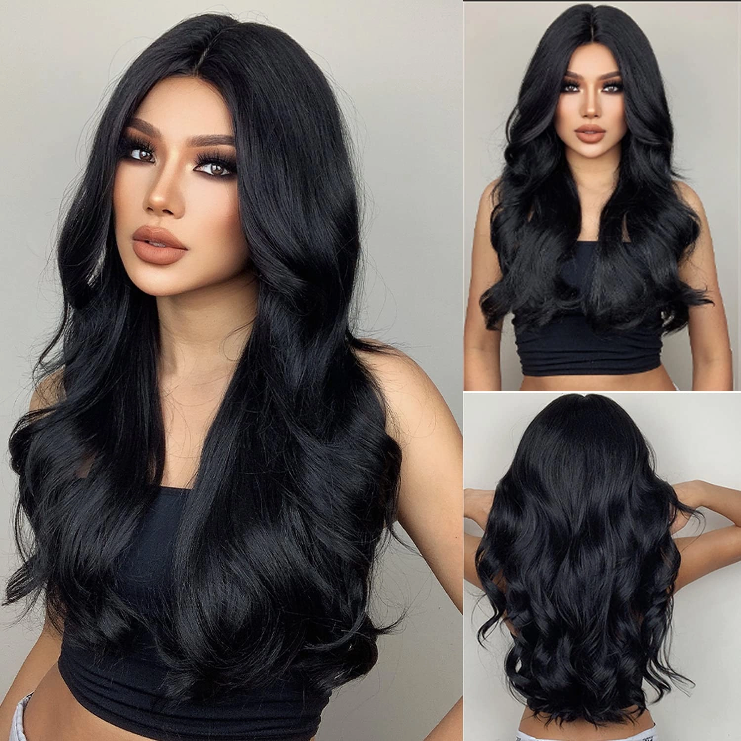 Long Black Wigs for Women Girls Long Black Wig Middle Part Curly Wavy Wig Heat Resistant Synthetic Wigs for Cosplay Costume Party