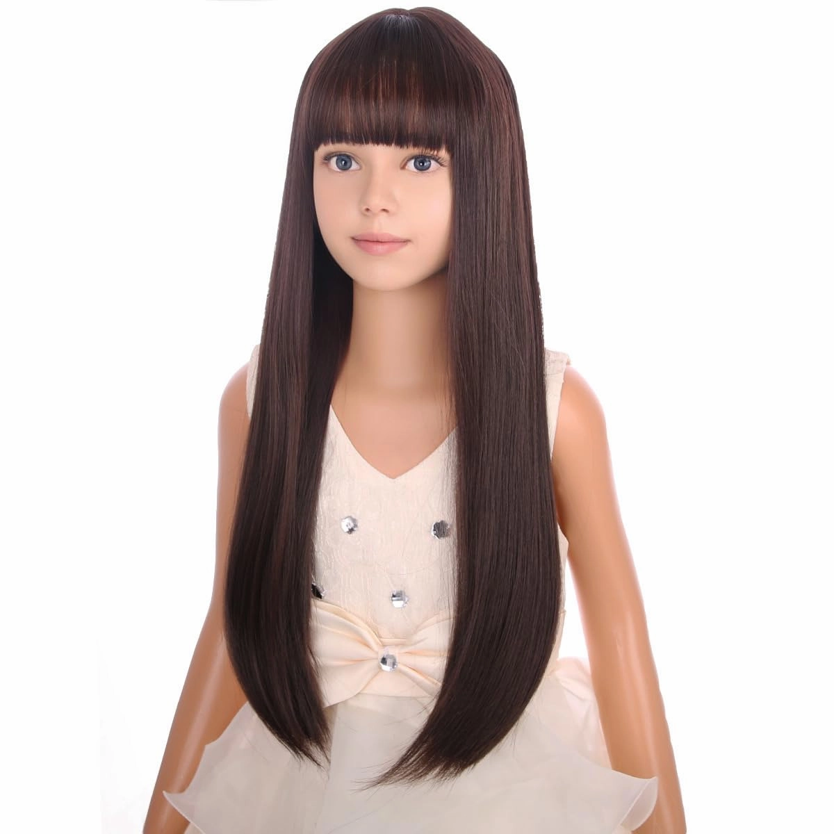 Long Brown Wig with Bangs for Kids Child Mixed Brown Long Girls Wigs Girls Synthetic Cosplay Party Rose Net Wig