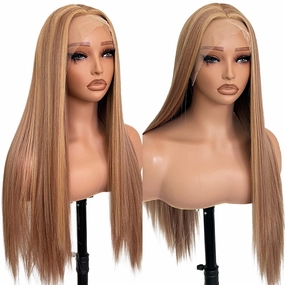 Long Straight Hair Brown with Blonde Color Wigs Glueless Heat Resistant Synthetic Lace Front Wigs for Fashtion Women…