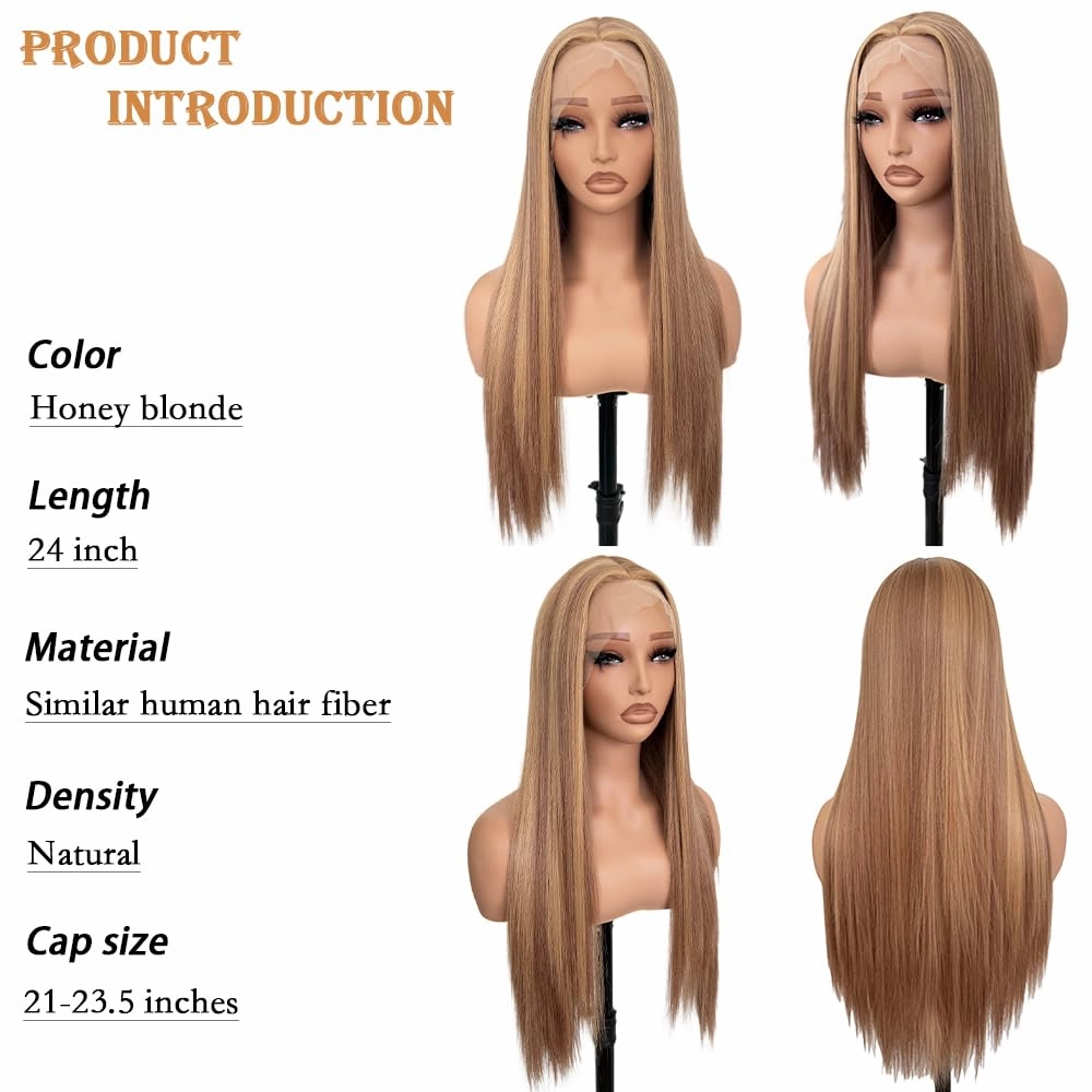 Long Straight Hair Brown with Blonde Color Wigs Glueless Heat Resistant Synthetic Lace Front Wigs for Fashtion Women…