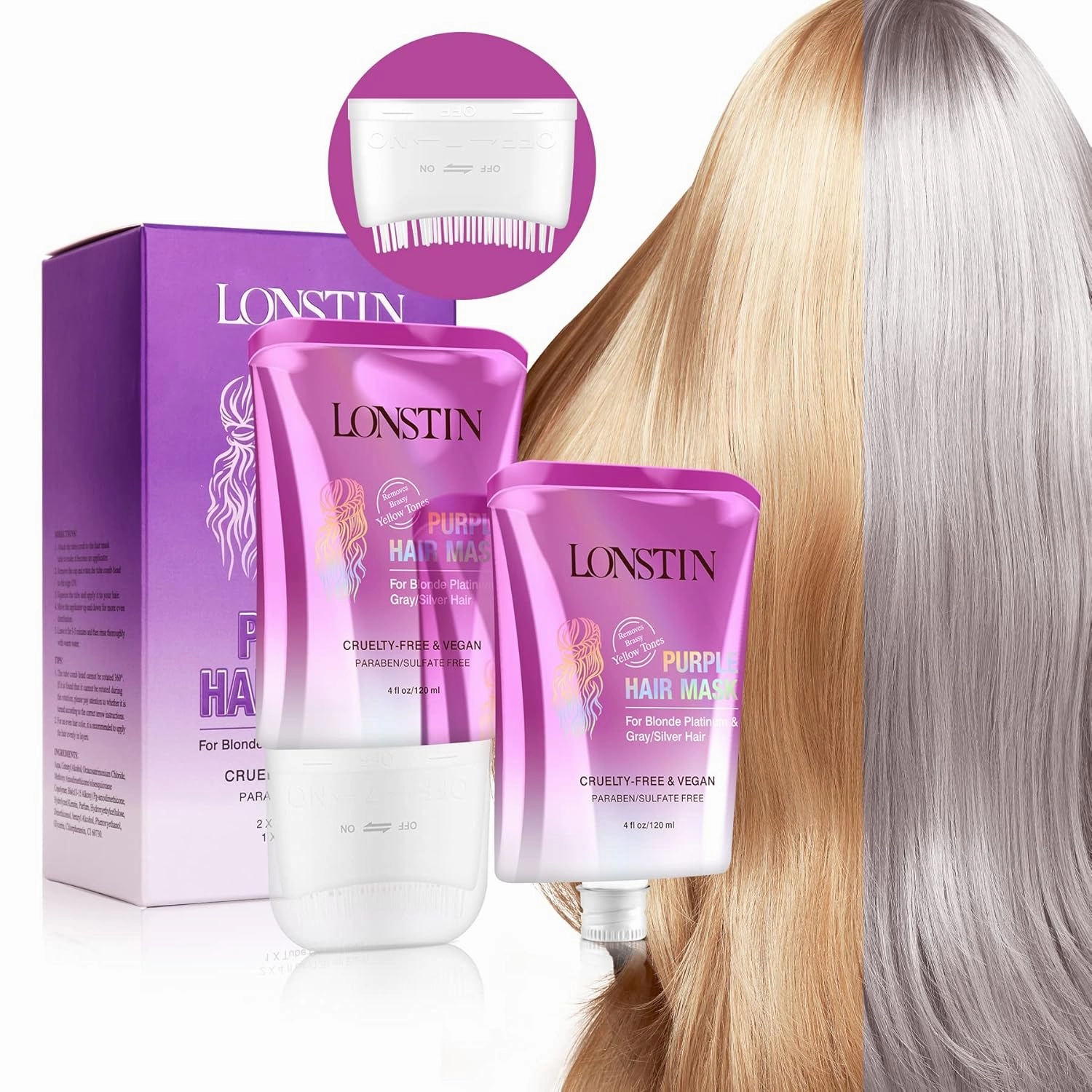 Lonstin Purple Hair Mask with Comb, 8 Fl Oz - For Blonde, Platinum, Silver, Gray, Bleached Hair - Anti Brass, Paraben and Sulfate Free - Removes Yellow Tones, Conditions Dry Damaged Hair