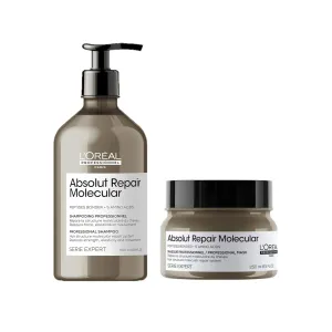 L'Oréal Professionnel Paris Absolut Repair Molecular Shampoo & Mask Set - Repairs Hair Damage, Restores Strength and Strengthens Bonds, For Extremely Dry Damaged Hair, Peptides Bonder with Amino Acids