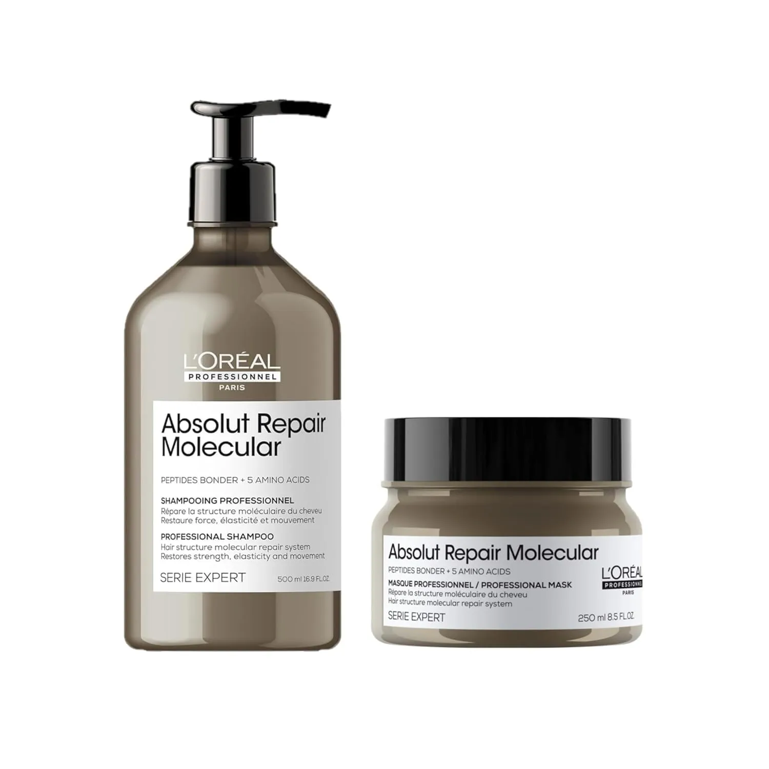 L'Oréal Professionnel Paris Absolut Repair Molecular Shampoo & Mask Set - Repairs Hair Damage, Restores Strength and Strengthens Bonds, For Extremely Dry Damaged Hair, Peptides Bonder with Amino Acids