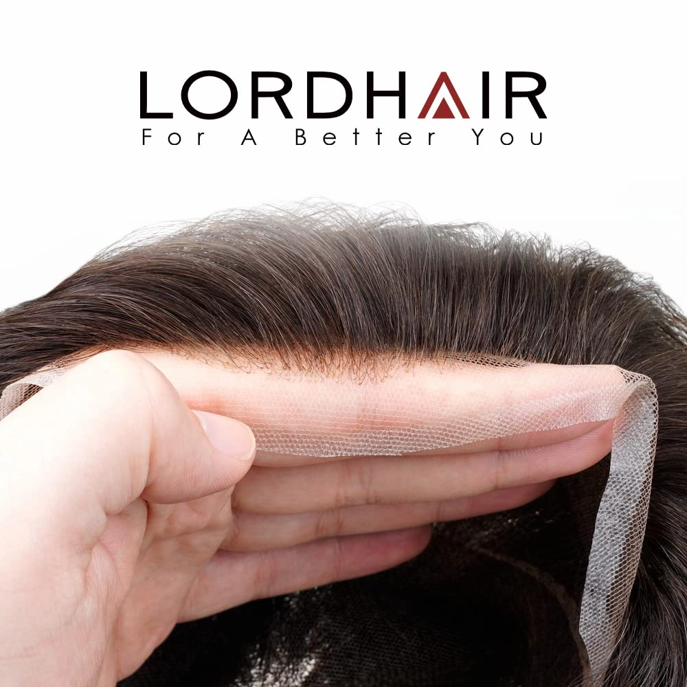 Lordhair Human Hair Toupee for Men French Lace Front Hair Systems 0.1mm Injected Thin Skin Attached with Diamond Lace 8x10 Inches, Dark Brown Color 2