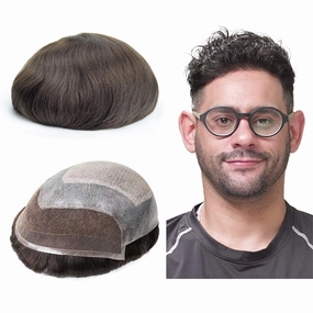Lordhair Human Hair Toupee for Men French Lace Front Hair Systems 0.1mm Injected Thin Skin Attached with Diamond Lace 8x10 Inches, Dark Brown Color 2