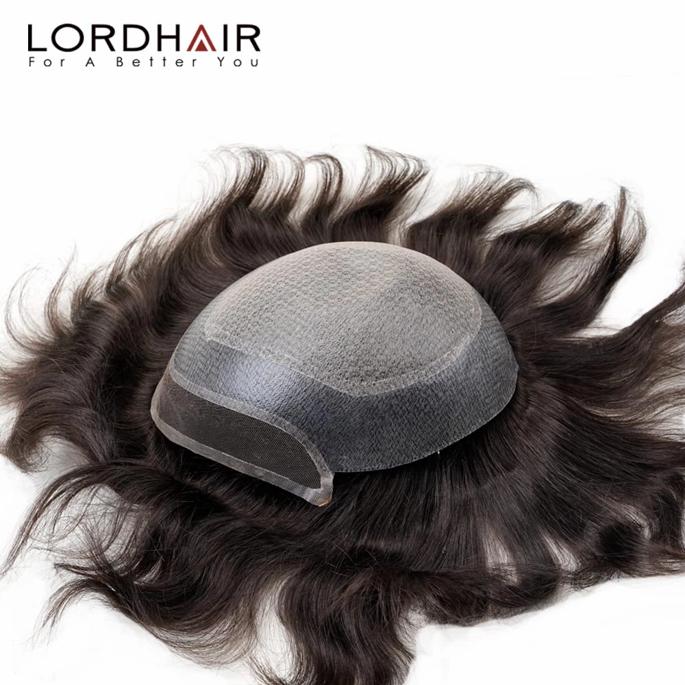 Lordhair Human Hair Toupee for Men French Lace Front Hair Systems 0.1mm Injected Thin Skin Attached with Diamond Lace 8x10 Inches, Dark Brown Color 2