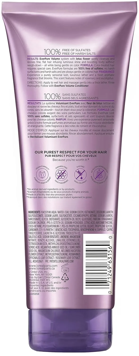 L'Oreal Paris EverPure Volume Sulfate Free Shampoo for Color-Treated Hair, Volume   Shine for Fine, Flat Hair, with Lotus Flower, 11 Fl; Oz (Packaging May Vary)
