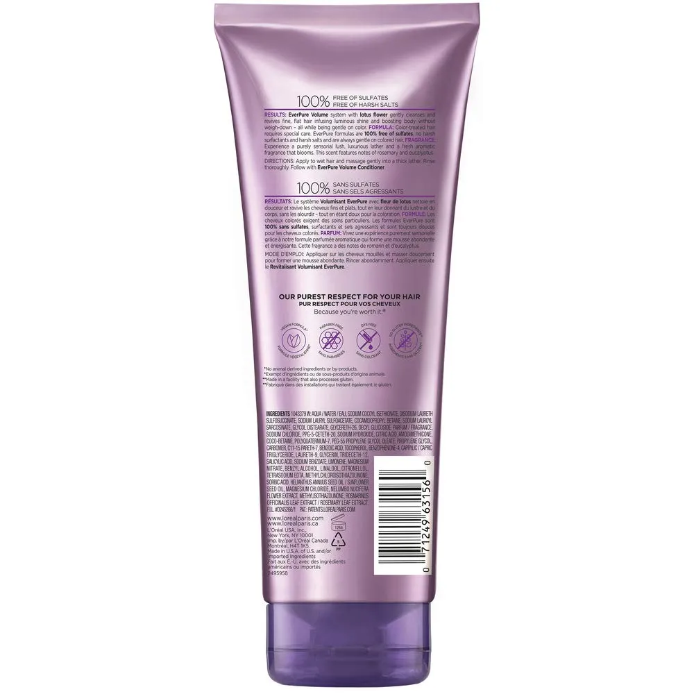 L'Oreal Paris EverPure Volume Sulfate Free Shampoo for Color-Treated Hair, Volume   Shine for Fine, Flat Hair, with Lotus Flower, 11 Fl; Oz (Packaging May Vary)