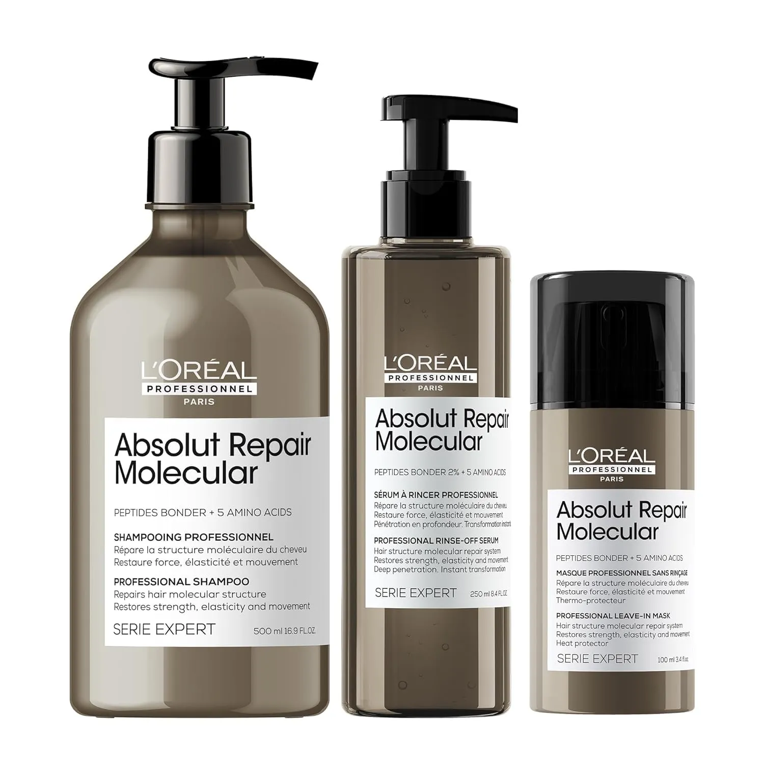 L'Oreal Professionnel Absolut Repair Molecular Hair Care Set - Sulfate-Free Shampoo, Rinse-Off Serum & Leave-In Mask For Extremely Dry Damaged Hair, With Peptide Bonder & Amino Acids
