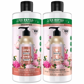 Love Beauty Planet Shampoo and Conditioner, Advanced Repair, Moringa Oil, Pro-Vitamin B5, Peony - Sulfate-Free Shampoo & Conditioner for Damaged, Dry Hair, Scented, Refill, 22 Oz (2 Piece Set)