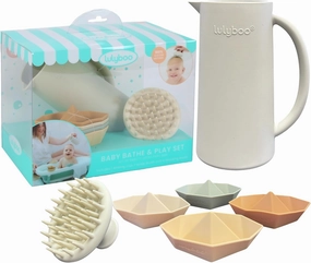 Lulyboo Baby Bath Set in Natural and Bright, with Rinsing Cup, Scalp Brush and Sinking Boat Toys for Fun Bath Times