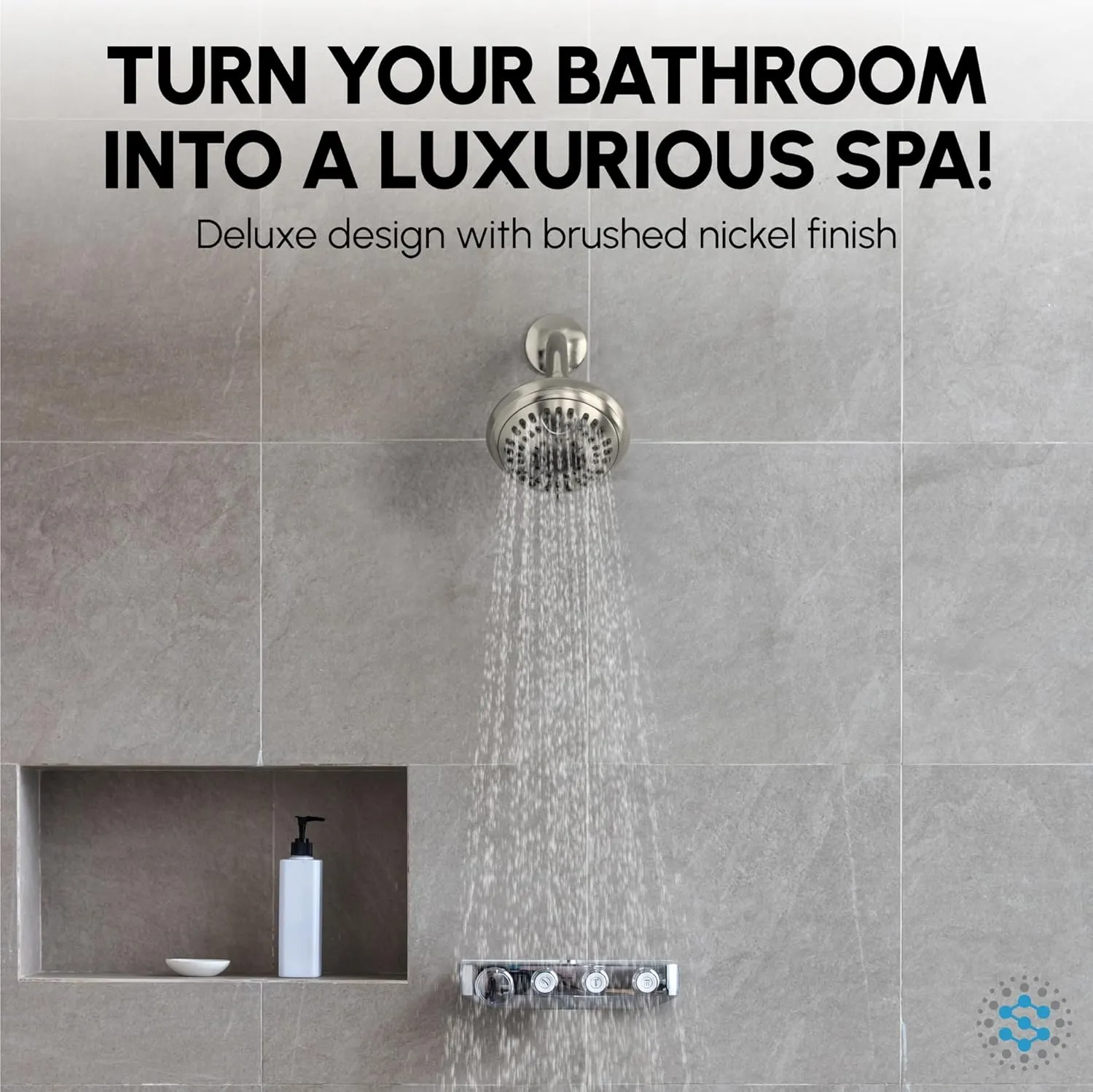 Luxury Spa Series , 6 Spray Setting, 4.5 Inch Adjustable High Pressure Shower Head Fixture for Hard Water, 360-Degree Tilt Massage Shower System - Brushed Nickel