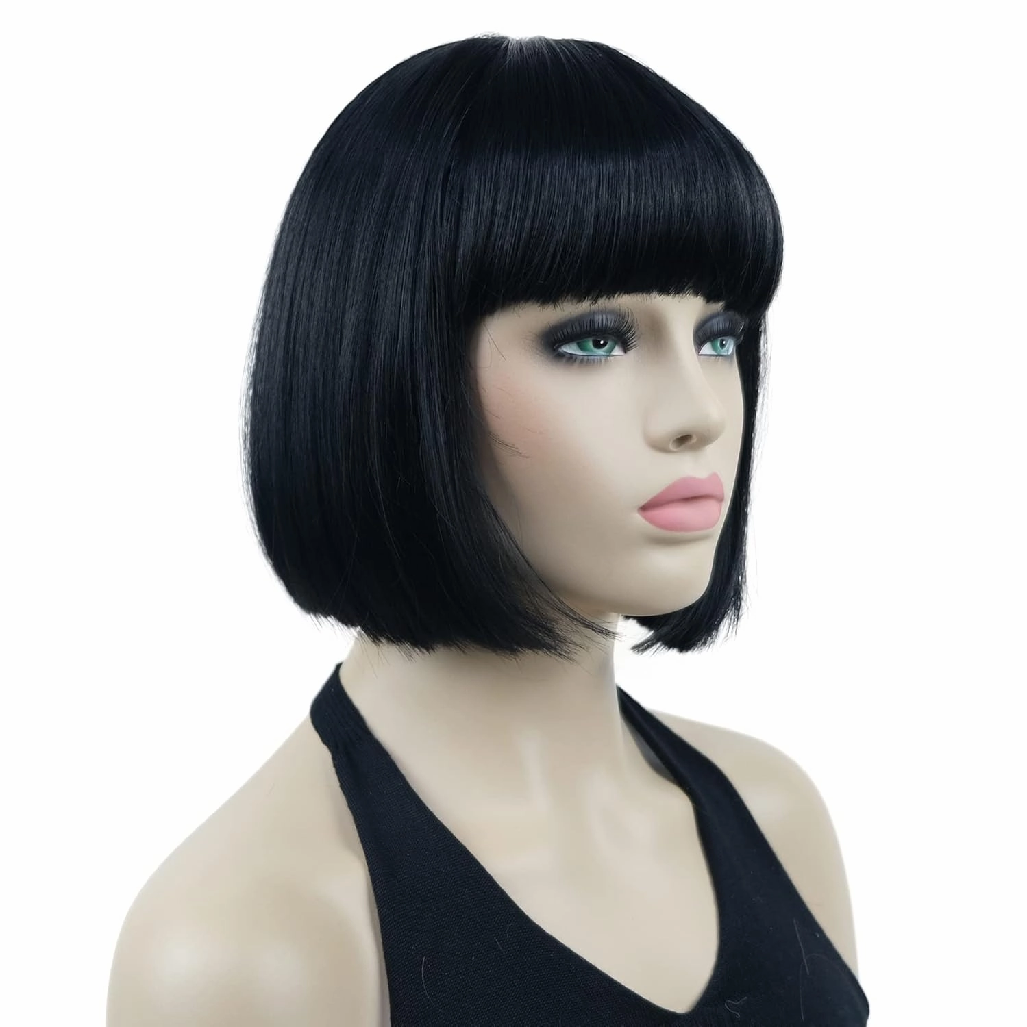 Lydell 8" Straight Short Bob Hair Flat Bangs Cute Central Dot Skin Top Heat Resistant Synthetic Wigs (Black)