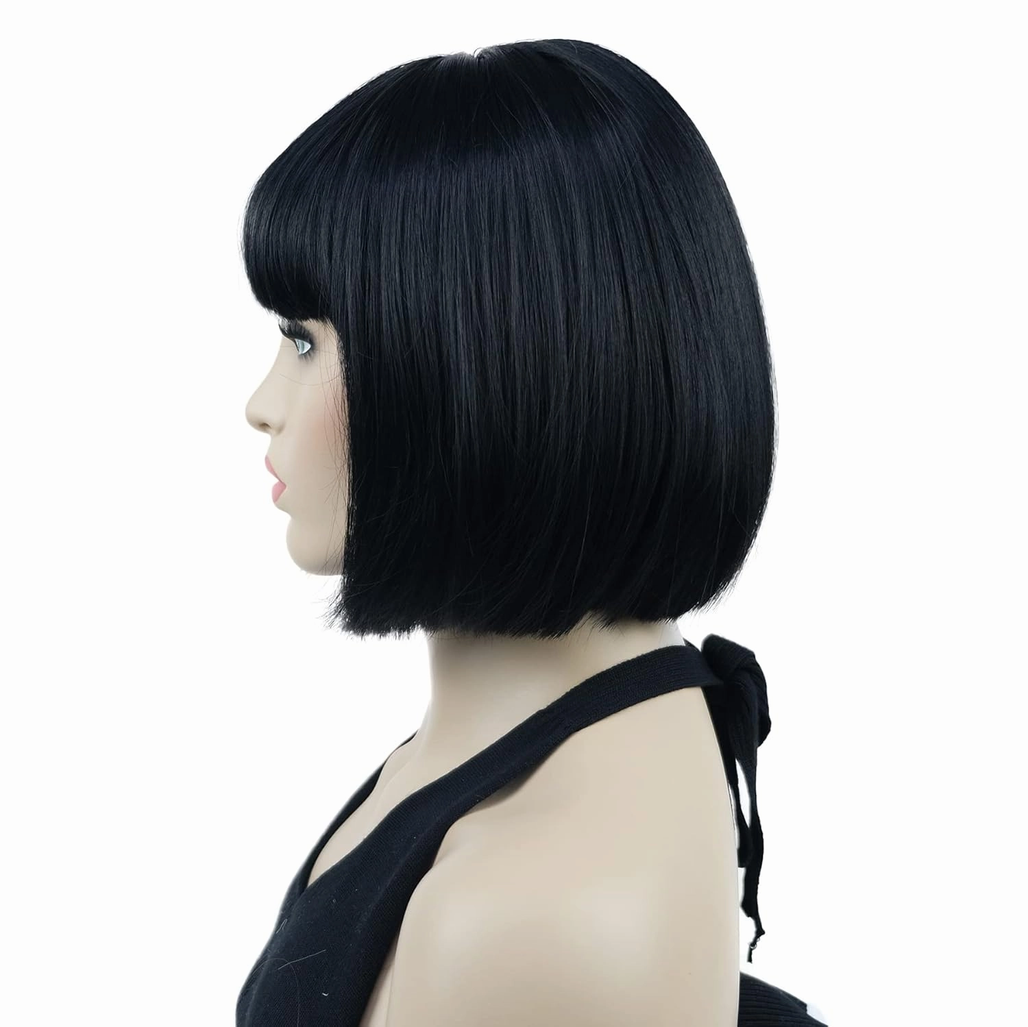 Lydell 8" Straight Short Bob Hair Flat Bangs Cute Central Dot Skin Top Heat Resistant Synthetic Wigs (Black)