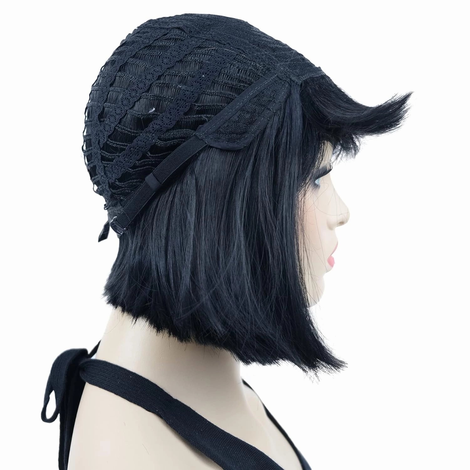 Lydell 8" Straight Short Bob Hair Flat Bangs Cute Central Dot Skin Top Heat Resistant Synthetic Wigs (Black)