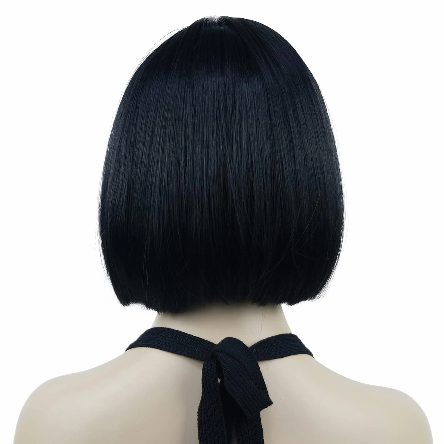 Lydell 8" Straight Short Bob Hair Flat Bangs Cute Central Dot Skin Top Heat Resistant Synthetic Wigs (Black)
