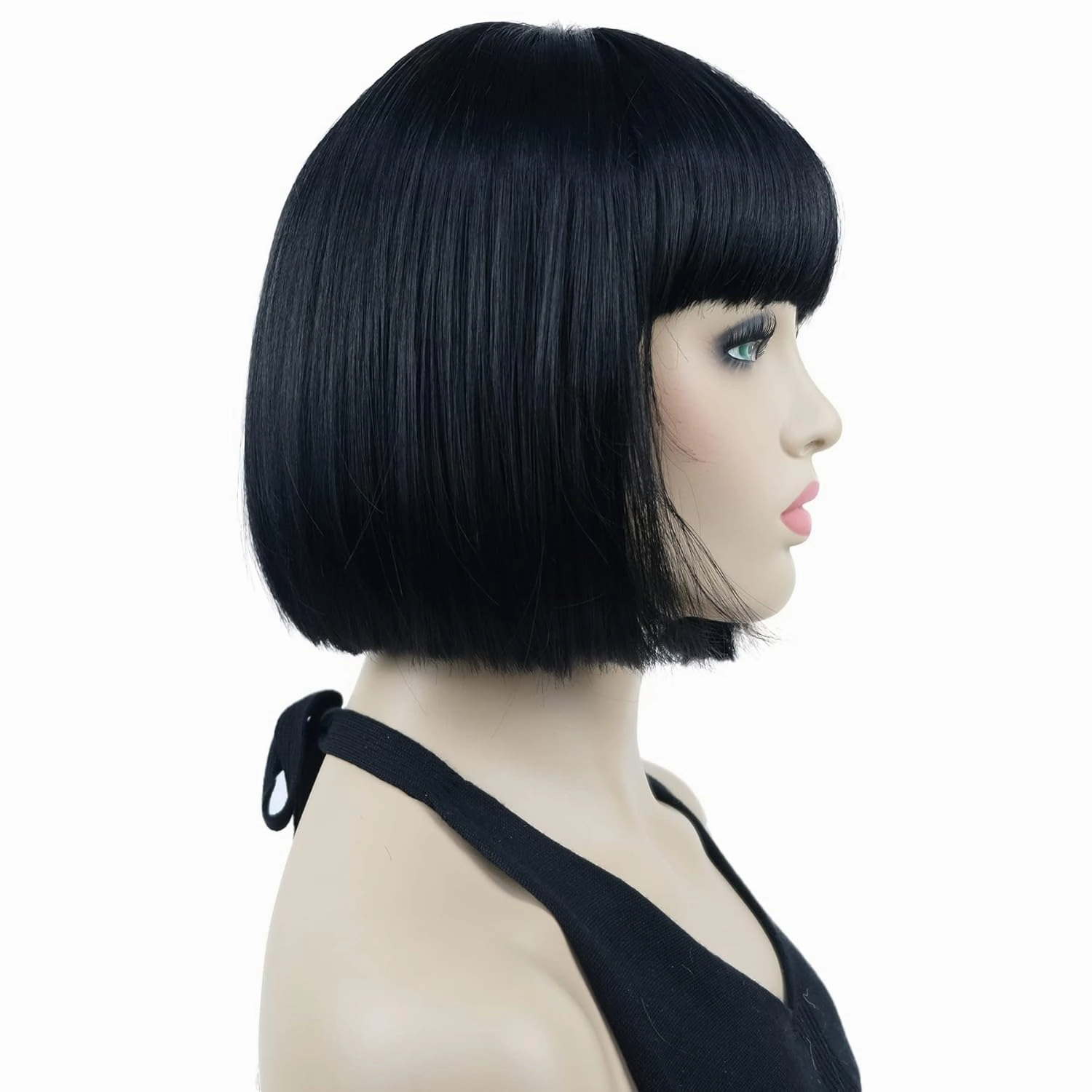 Lydell 8" Straight Short Bob Hair Flat Bangs Cute Central Dot Skin Top Heat Resistant Synthetic Wigs (Black)