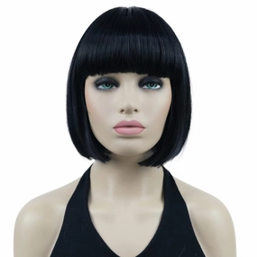 Lydell 8" Straight Short Bob Hair Flat Bangs Cute Central Dot Skin Top Heat Resistant Synthetic Wigs (Black)