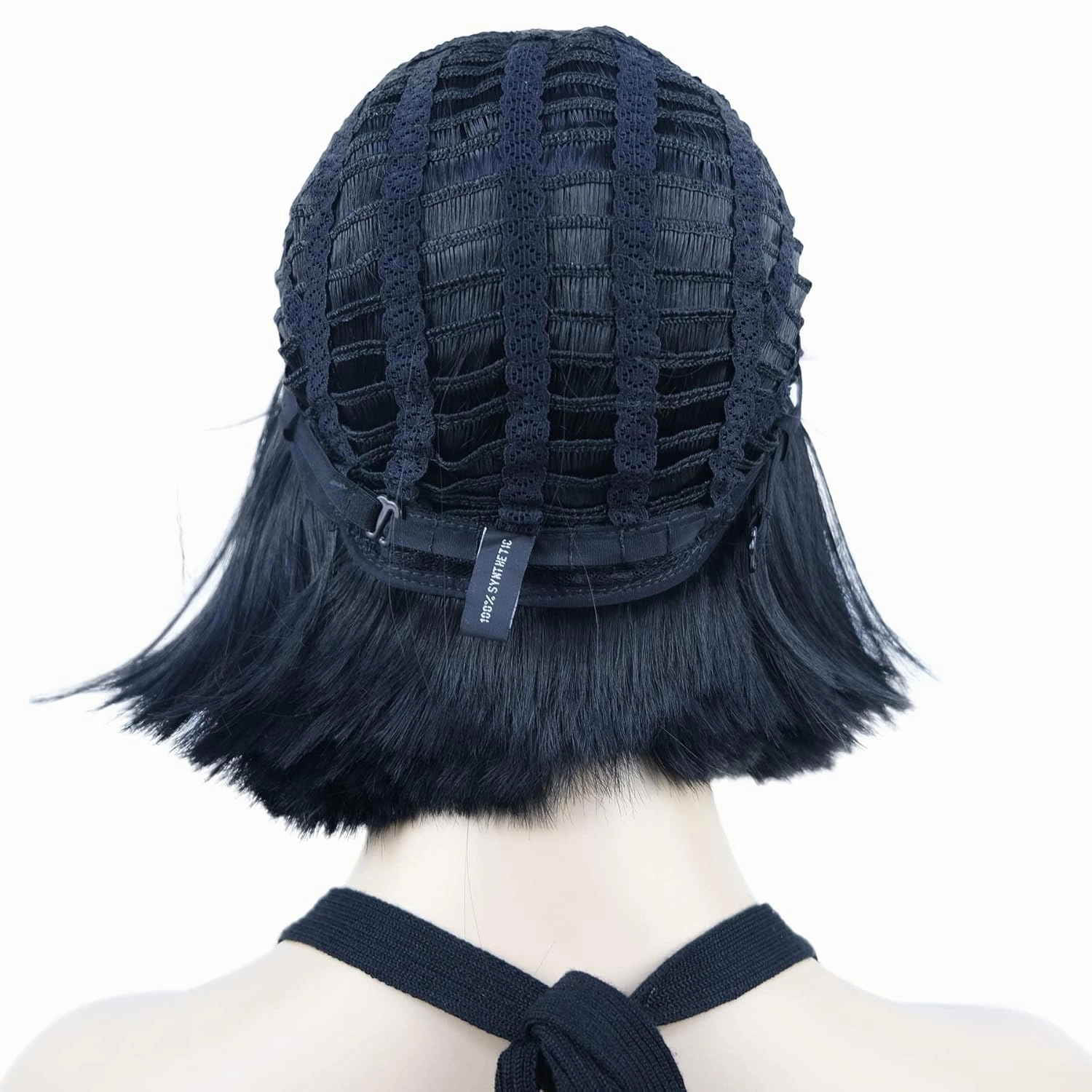 Lydell 8" Straight Short Bob Hair Flat Bangs Cute Central Dot Skin Top Heat Resistant Synthetic Wigs (Black)
