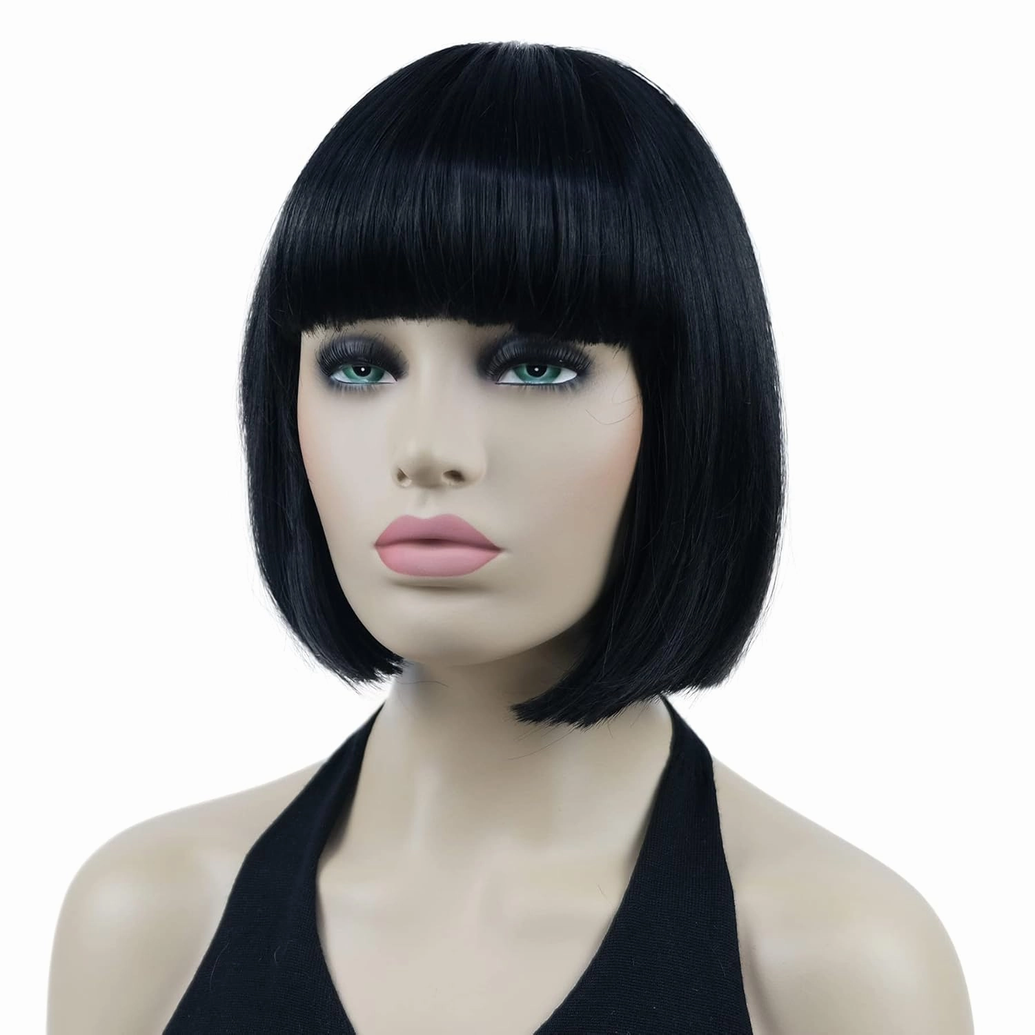 Lydell 8" Straight Short Bob Hair Flat Bangs Cute Central Dot Skin Top Heat Resistant Synthetic Wigs (Black)