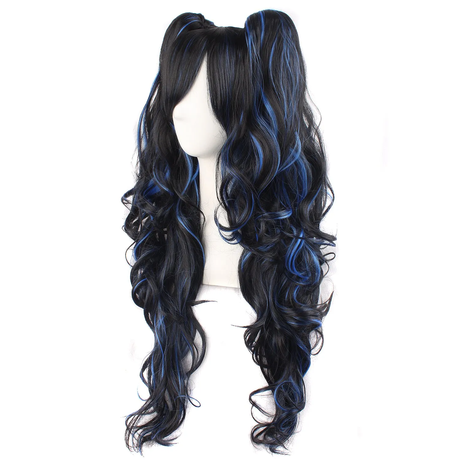 MapofBeauty Multi-color Lolita Long Curly Clip on Ponytails Cosplay Wig (Black/Blue)