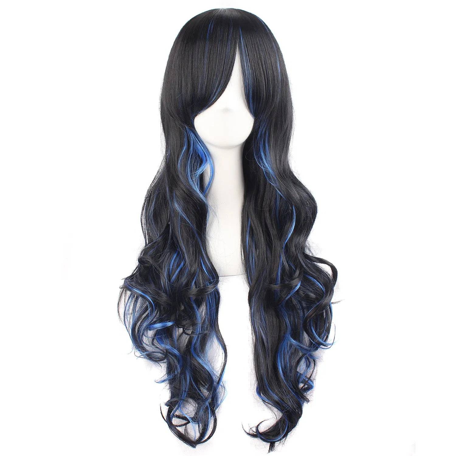 MapofBeauty Multi-color Lolita Long Curly Clip on Ponytails Cosplay Wig (Black/Blue)