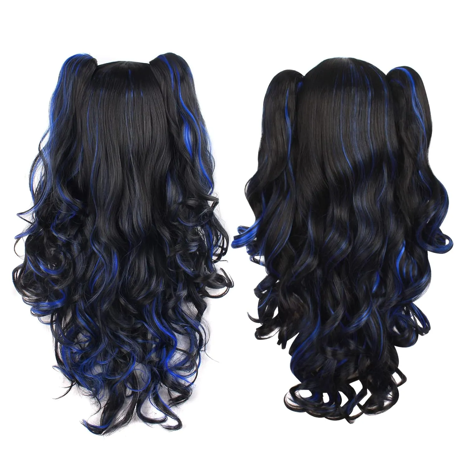 MapofBeauty Multi-color Lolita Long Curly Clip on Ponytails Cosplay Wig (Black/Blue)