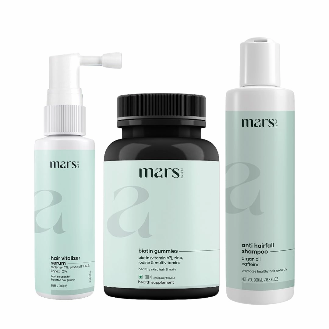 mars by GHC Anti Hairfall Combo consists Hair Vitalizer - (60 ml), Anti Hairfall Shampoo - (200 ml), Biotin Gummies - (30 N) | Helps to increase your hair strength and sculp Conditions