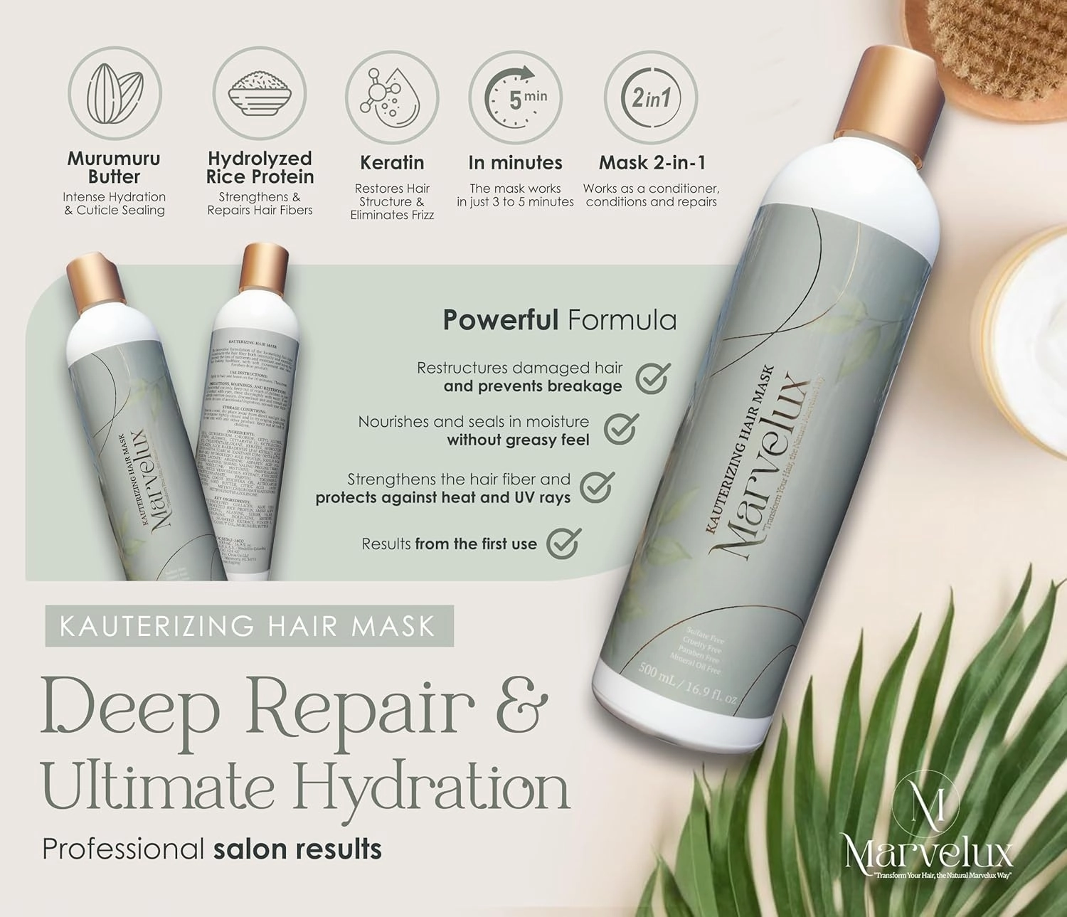 MARVELUX Rosemary Shampoo & Kauterizing Mask Set – Hair Growth & Repair Kit for Damaged, Thinning Hair – Strengthens, Softens & Adds Shine – Sulfate-Free, Professional Deep Treatment