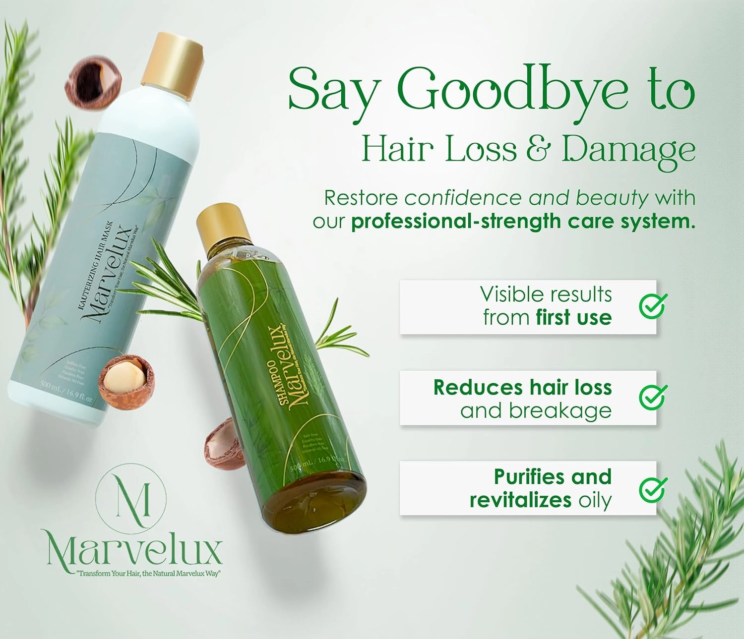 MARVELUX Rosemary Shampoo & Kauterizing Mask Set – Hair Growth & Repair Kit for Damaged, Thinning Hair – Strengthens, Softens & Adds Shine – Sulfate-Free, Professional Deep Treatment