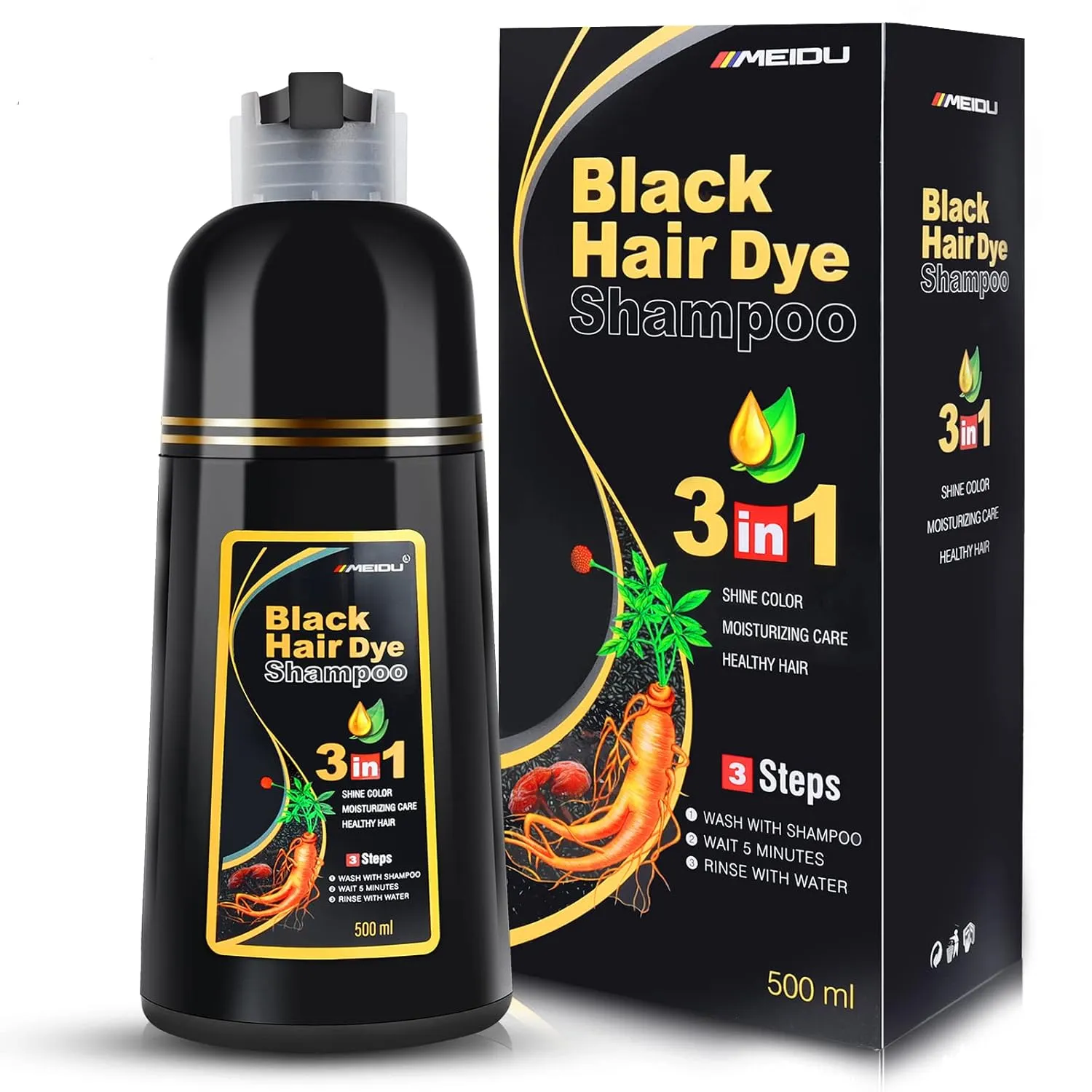 MEIDU Black Hair Dye Shampoo 3 in 1, Shampoo for Color Treated Hair 100% Gray Coverage for Women Men, Natural Herbal Ingredients Champu Para Canas pintar el pelo 500ml 1